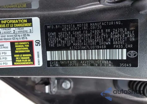 2020 Toyota Camry Le z USA, uszkodzony, nr VIN 4T1C31AK7LU019468